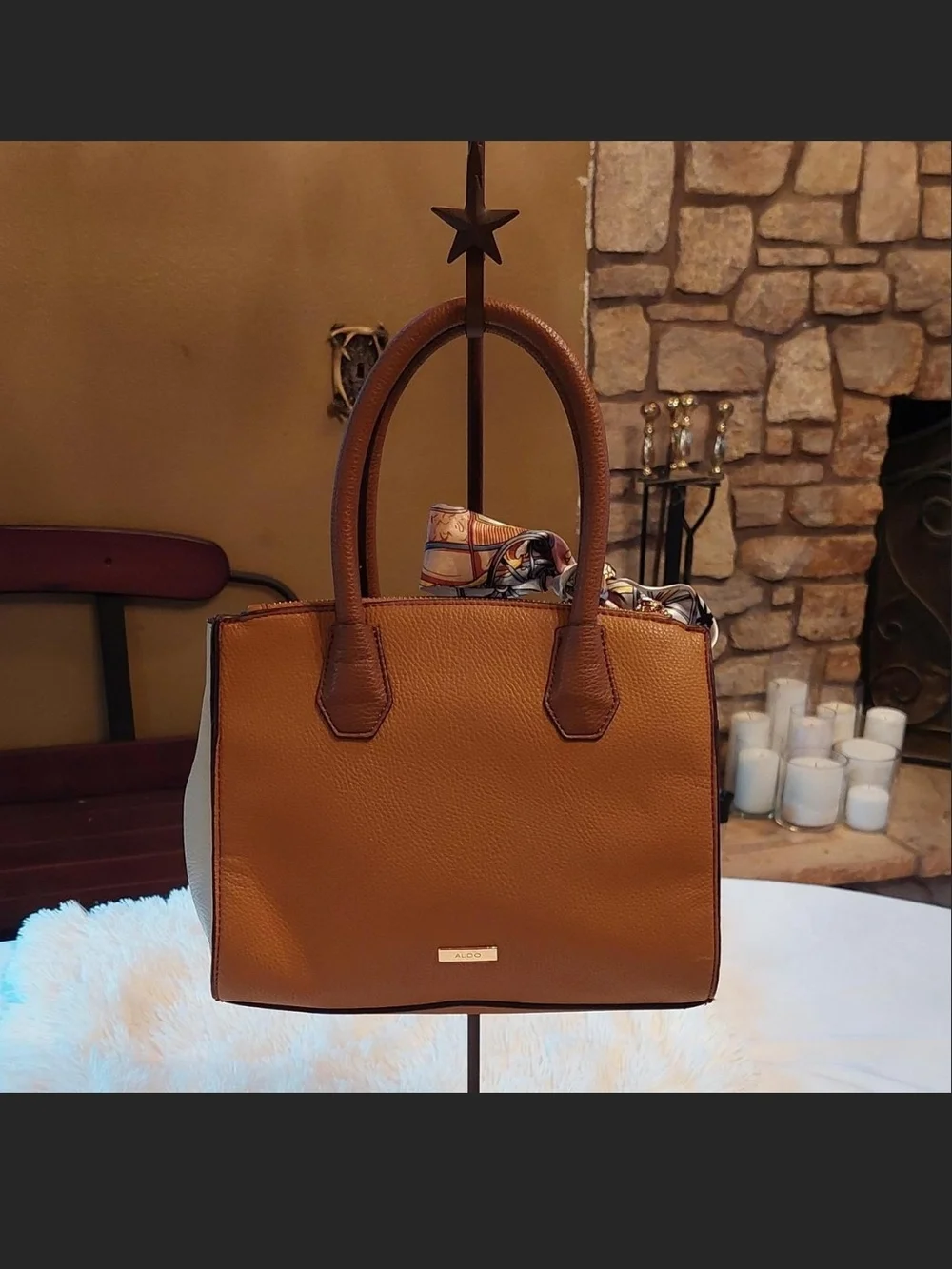 Aldo Brown Structured Satchel with Decorative Scarf